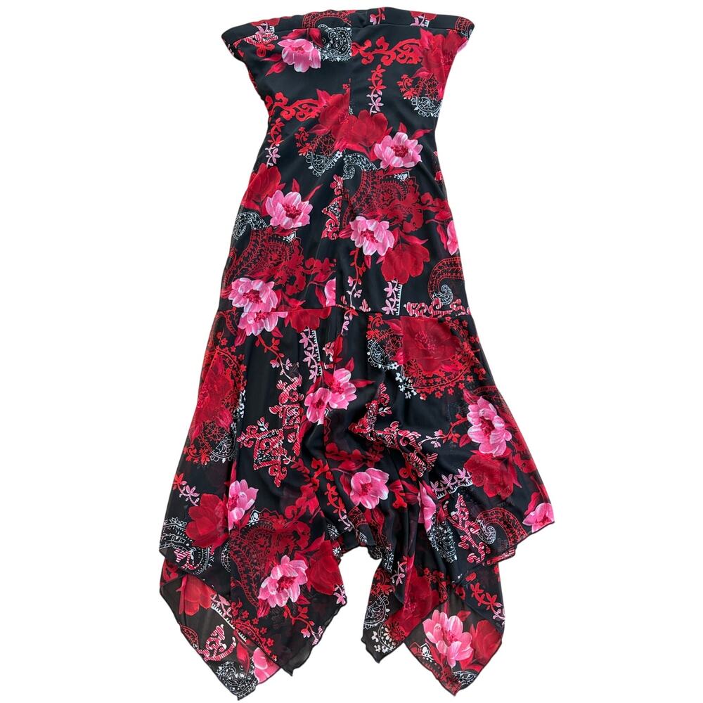 vintage y2k zinc mesh strapless handkerchief dress red floral midi dress Medium